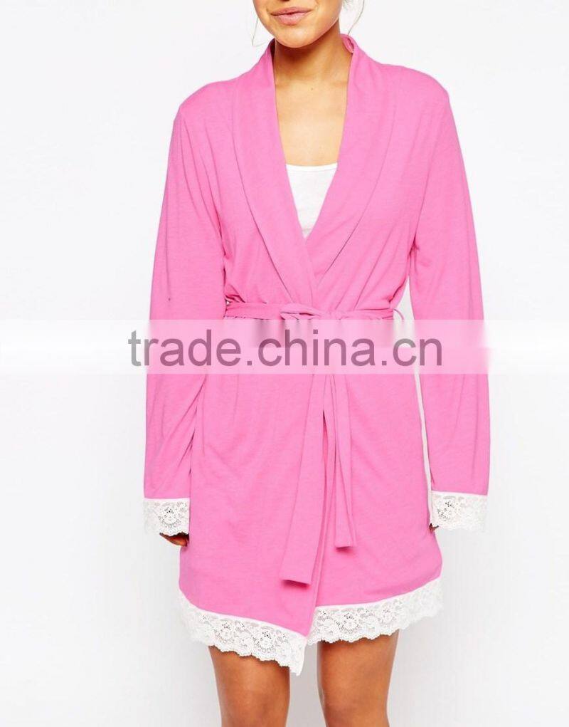New arrival jersey fabric comfortable fit simple robe lace trim robe for lady