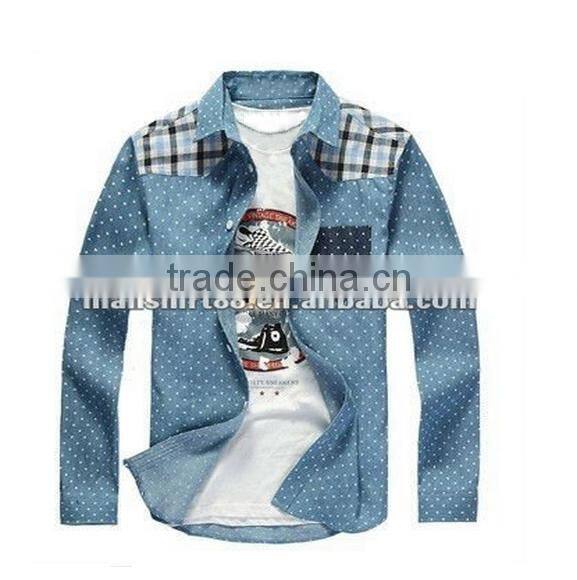 latest 100% cotton light blue dot denim cowboy long sleeve casual shirt for men with one pocket