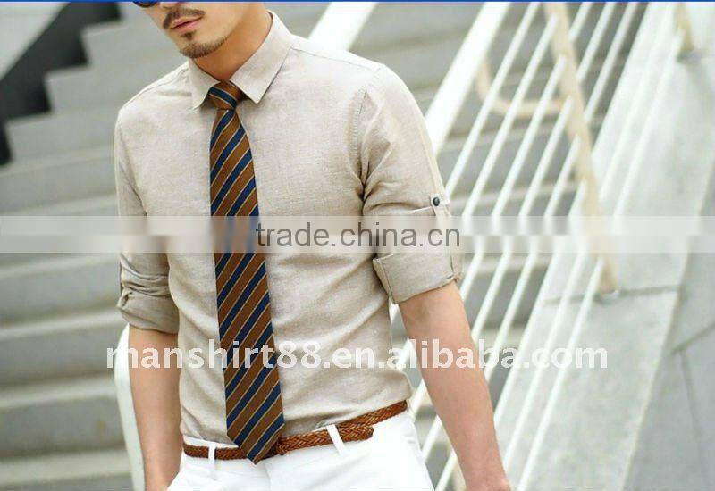 mens linen slim fit beige long sleeve dress shirt