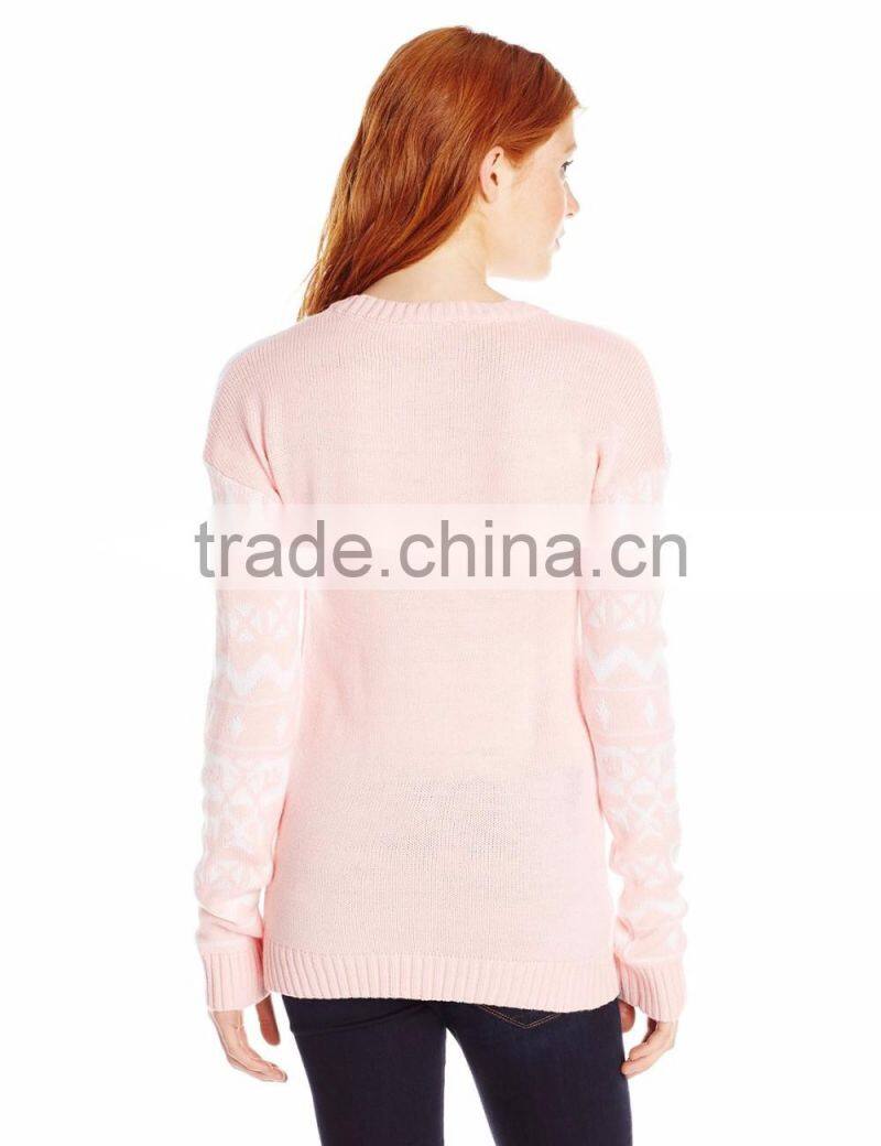 Women Pink Sweater Snowflake Pattern Christmas Pullover