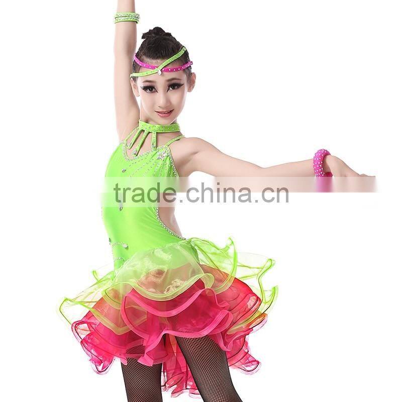 Girl Sexy Open Back Sequin Latin Dance Dress Child Kid Rhinstone Tango Salsa Ballroom Performance Dresses