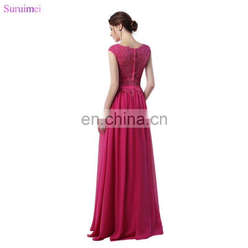 Rose Red Bridesmaid Dresses Lace Applique With Cap Sleeves High Neck Floor Length Chiffon Long Brides Maid Dress Vestidos De