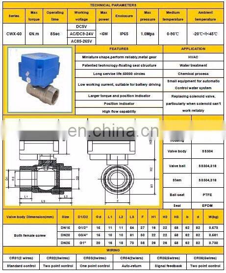 6NM bsp/npt 2,3,5 wires control Mini ball water valve electric actuator