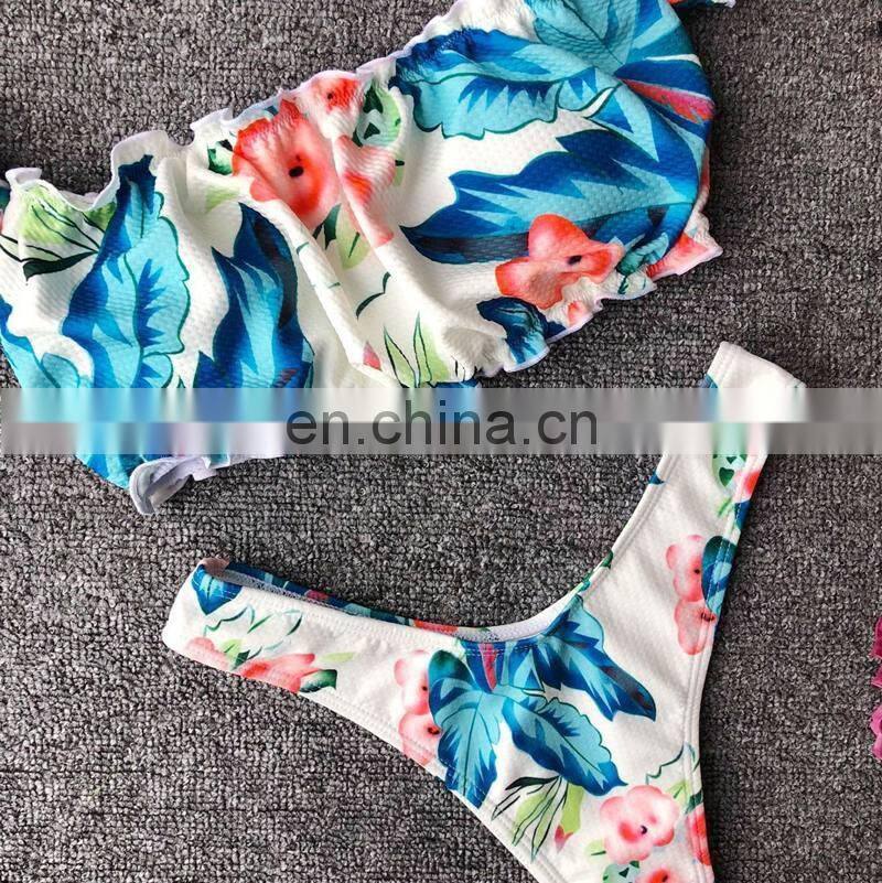 2019 Sexy Flower Print Bandeau Bikini Thong Swimsuit Women Push Up Swimwear Summer BeachWear Ruffle High Cut Bikini Bathing Suit
