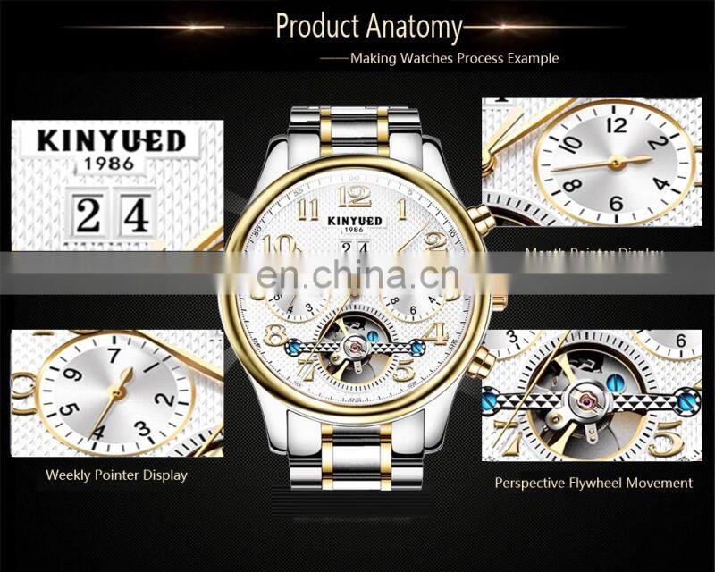 KINYUED J013 New Sporty Men Gold Watch Mechanical Men's Hand Watch Stainless Steel Auto Day Watch
