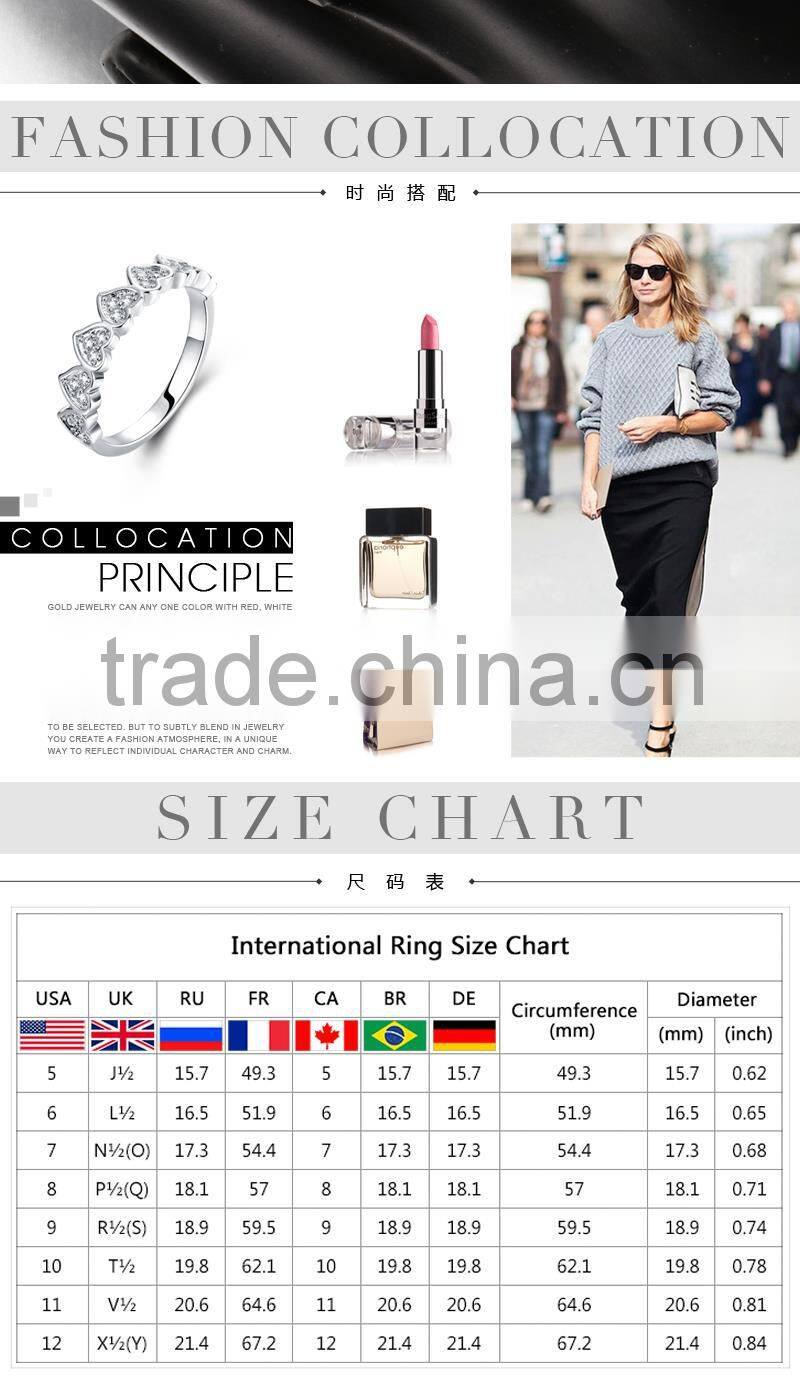 2015 new arrival gold plated fashion diamond heart shaped ring designs for girls