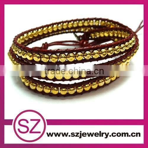 Fashion red jade beads beaded wrap leather bracelet for men