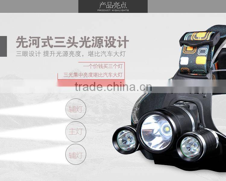 2015 Lastest Rechargeable 3LED Head Torch With 4 modes Outdoor Lighting 3T6 LED Headlamp