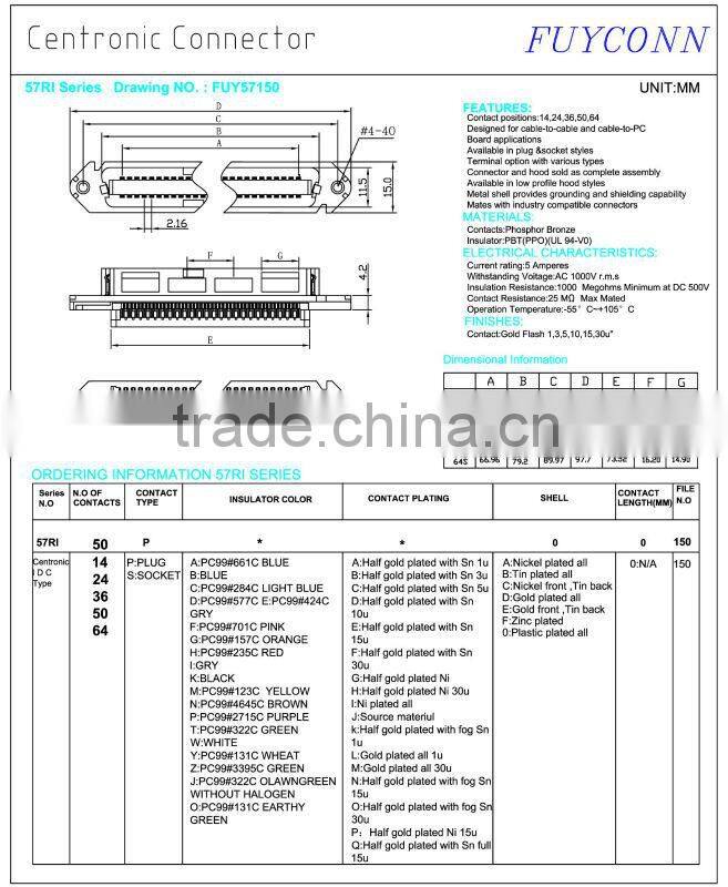 Centronic Champ 2.16mm Pitch Ribbon Female IDC 50 Pin Connector with Spring Sheet