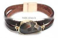 2015 Latest Fall Winter Beige Leather Strap Bracelet with Oval Gold Foiled Agate Stone Charm