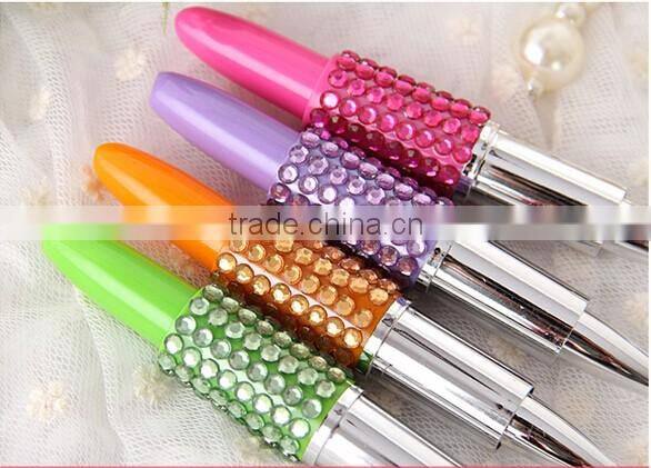 Creative Plastic Lipstick Ball-point Pen With Rhinestone