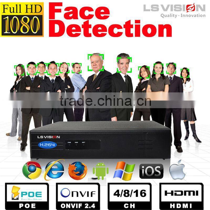 LS VISION 8ch 1080p POE NVR, plug and play onvif p2p NVR, face detection nvr