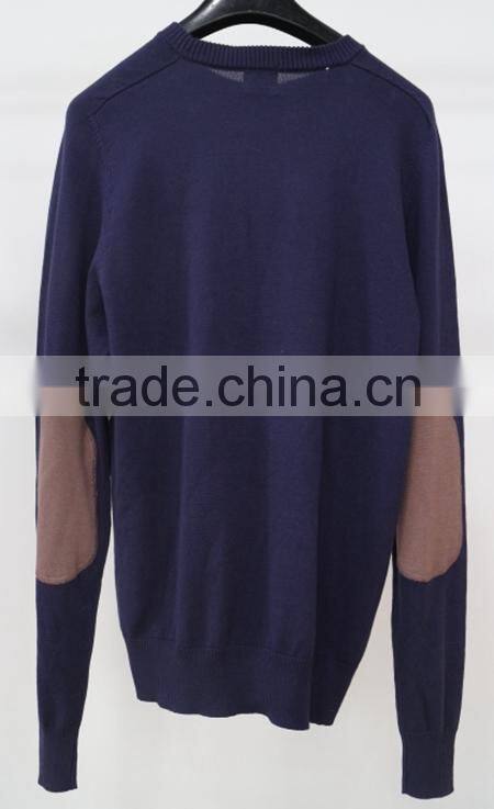 Men winter cotton knit wear round-neck sweater with elbow patch /pullover /solid color