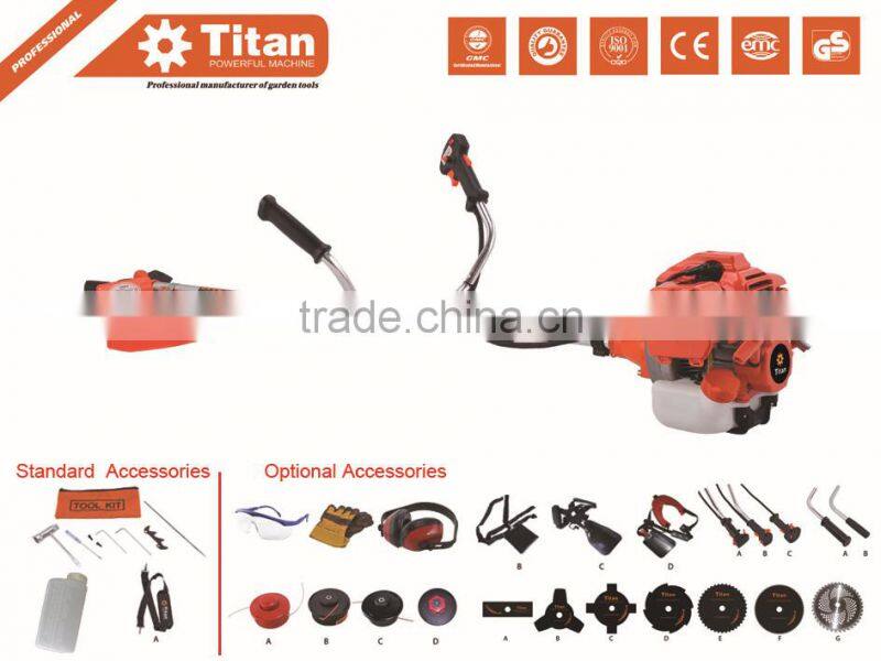 Gasoline powered brush cutter 52cc, 3 teeth blade & nylon head, CE, GS,MD cartificate