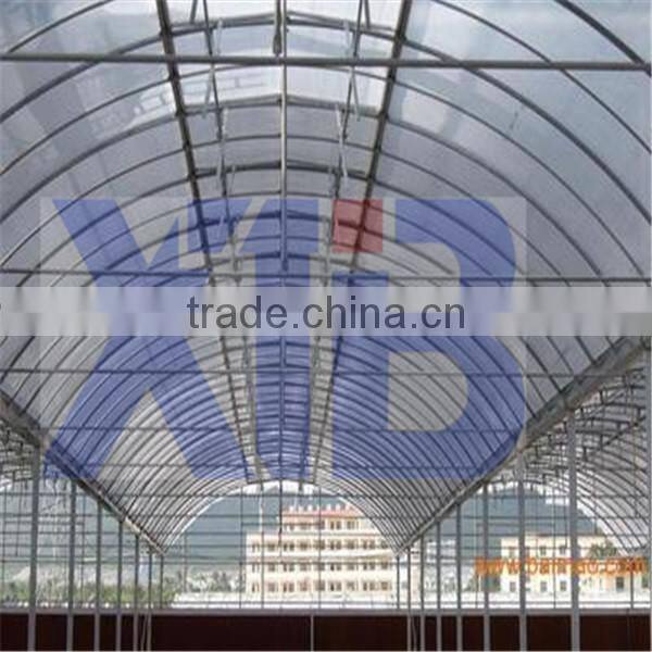 Single layer plastic film multi-span greenhouse