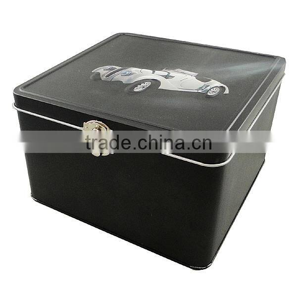 square custom black metal tin box