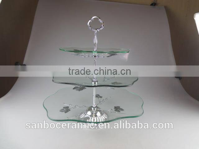 3 Tier Wedding Metal Stand for Cake ,Glass Cake Stand with Silver Flowers