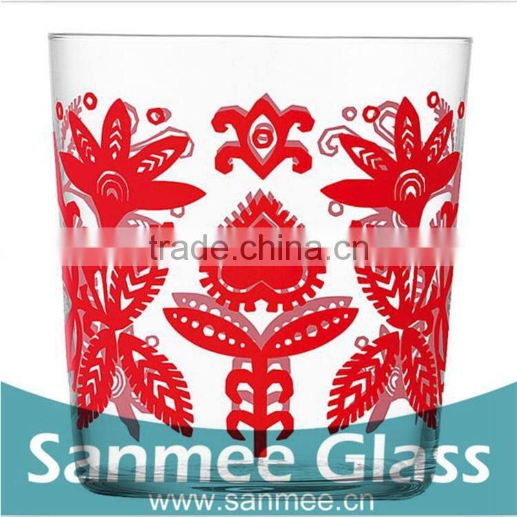 Machine Pressed Red Color Printed Glass Candleholder