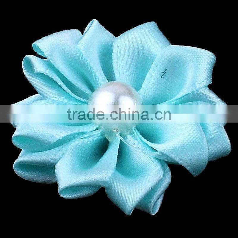 satin ribbon flower with pearl bead center for kids hair accessories