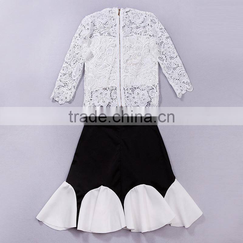 High collar long sleeve Knee length white lace dress