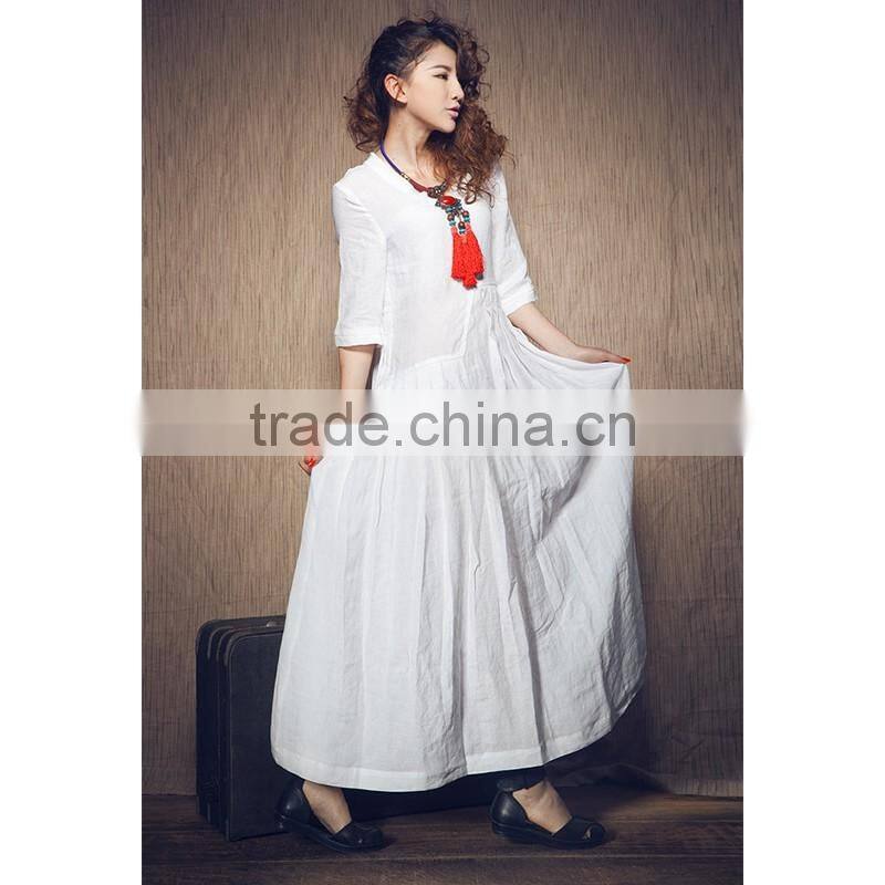 2017 Spring Latest White Kaftan Dress Women Maxi Linen Dresses HSD9943