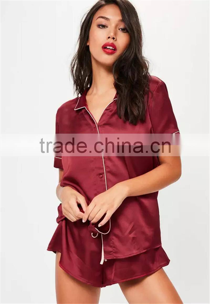 MGOO Hot Sale Custom Buttons Up Pyjamas Sets Short Sleeves Shirt And Bottom Satin Piped Moonnight Wear