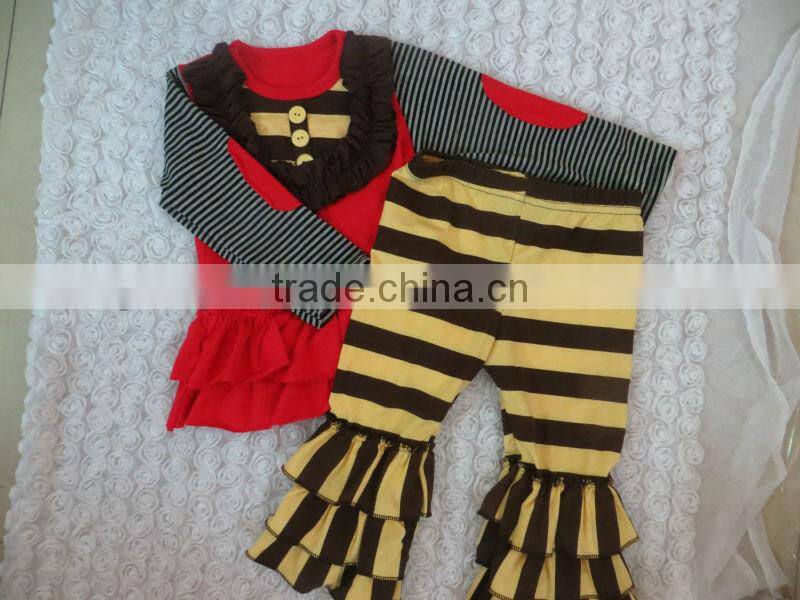 Persnickety Baby Girls Cotton Halloween Outfit Boutique Kids Yellow Stripe Long Sleevs Shirt with Brown Tripe Ruffle Pant Sets