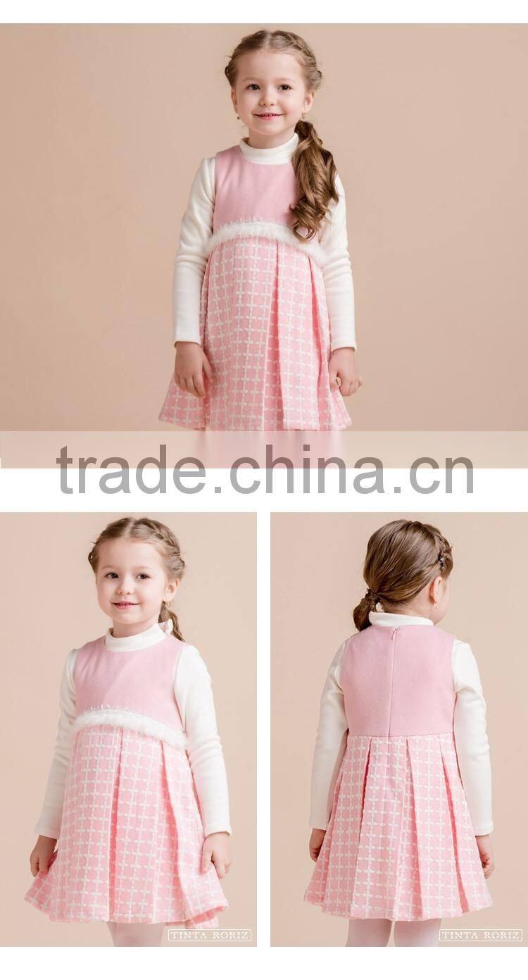Latest Design Girl's Pink Party Dress With Lace And Pleated Sleeveless Woolen Dress