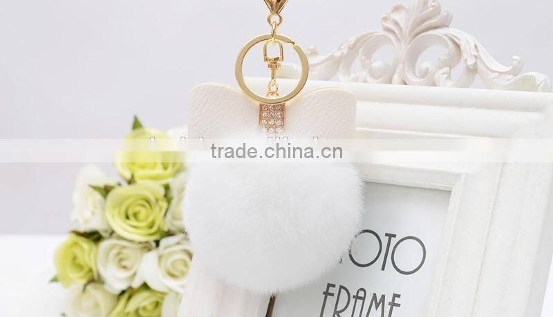 Sweety cute koreal style rex rabbit fur balls keychain with bowknot leather keychain