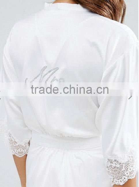 Customize ladies luxury silk robe, white Lace Trim Kimono Robe, wedding robe