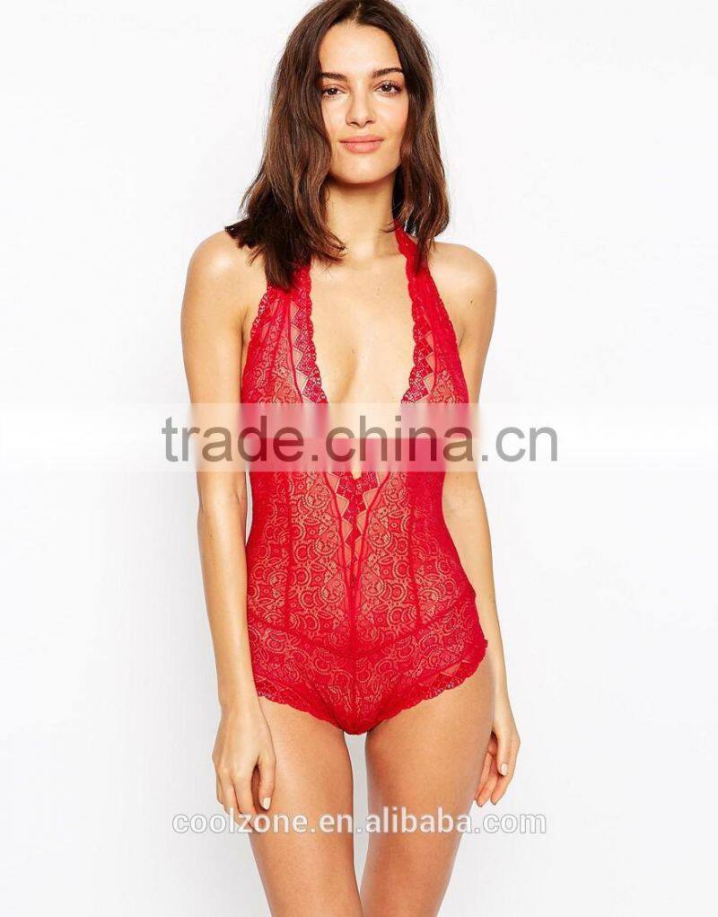 Plunge V-neck open back bodysuit women lace bodysuit wholesale