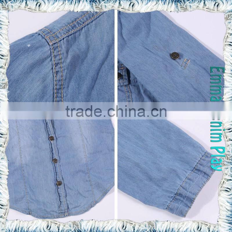 Soft Smooth Breathable Light Blue Color Fade Protected Enzyme Bleaching Washed Combed Cotton Lady's Denim Long Sleeve Shirts