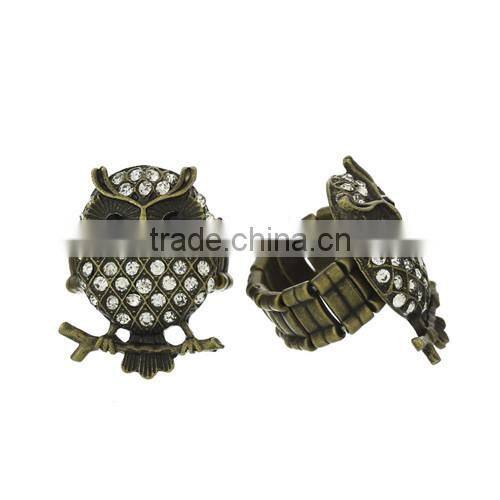 Antique Bronze Clear Rhinestone Elastic Stretch Owl Halloween Ornaments Rings
