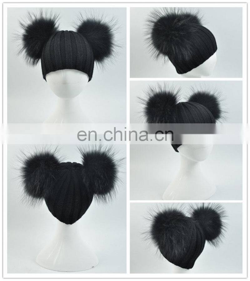 High Quality Kids Knitted Beanies Hat Double Big Raccoon Fur Pom Pom Hat Baby