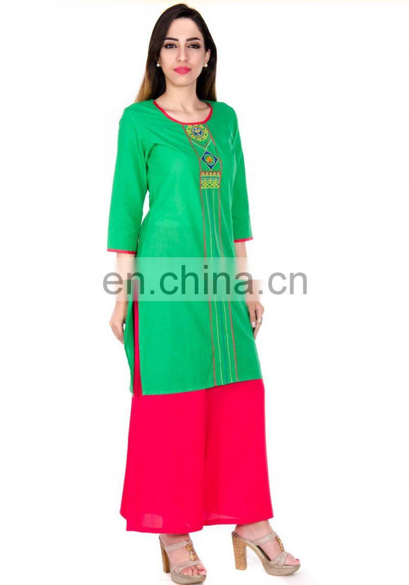 100% cotton made Round neck with intricate embroidery at front Kurti for woman