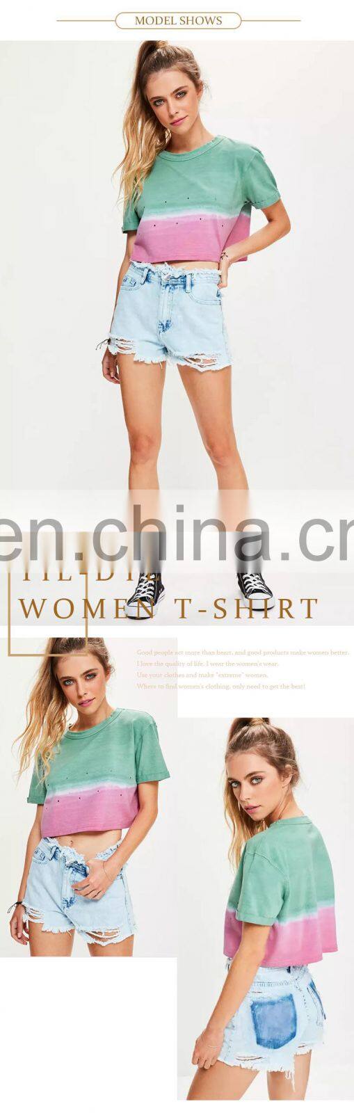 summer short sleeve distressed tie-dye cropped women t shirt