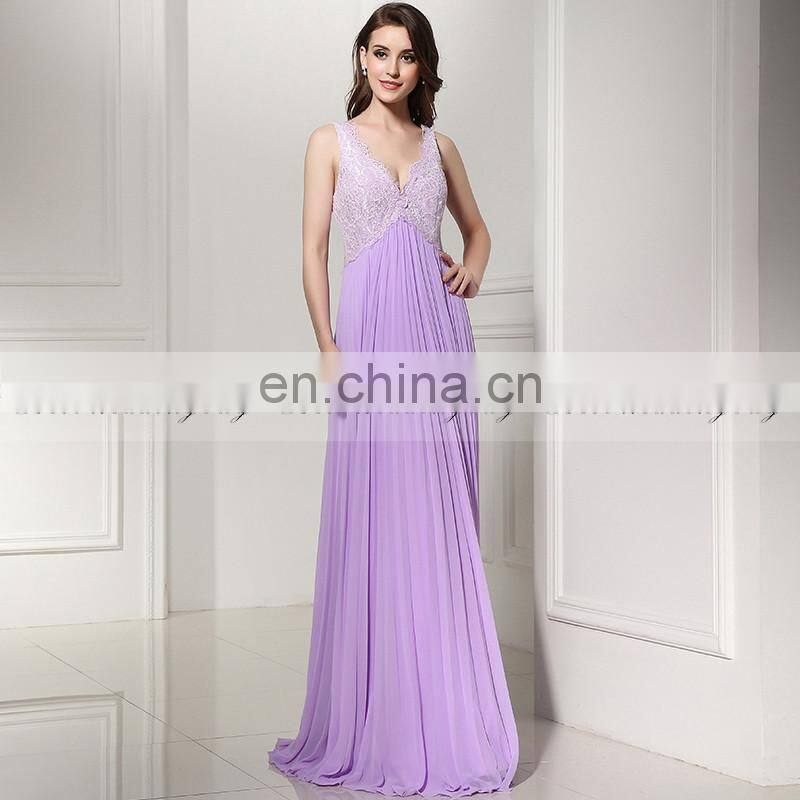 Wholesale Elegant V Neck Lace Top Chiffon Simple Long Evening Dresses SD386
