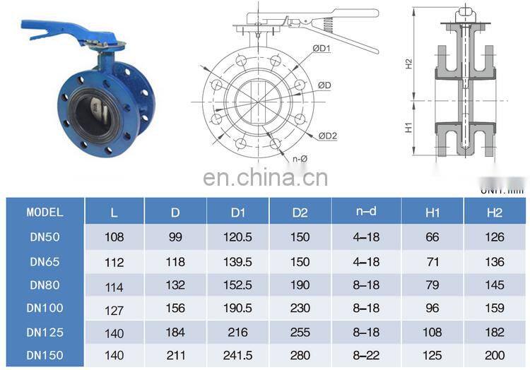 COVNA DN80 3 inch PN16 EPDM Rubber Seat Double Flange Type Ductile Iron Handle Butterfly Valve
