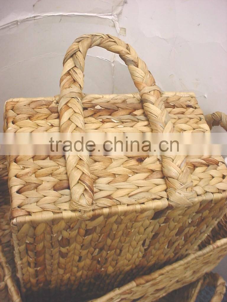 Set of 3 water hyacinth baskets with thick handle and seagrass rim