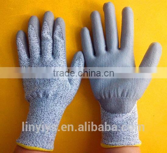 Gray color PU coated HPPE cut resistant safety gloves for glasses factory