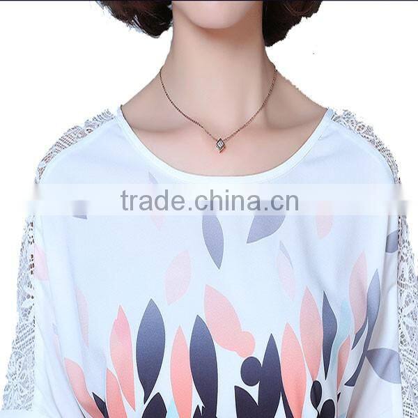 summer fashion printed women short sleeve hollow lace t-shirt
