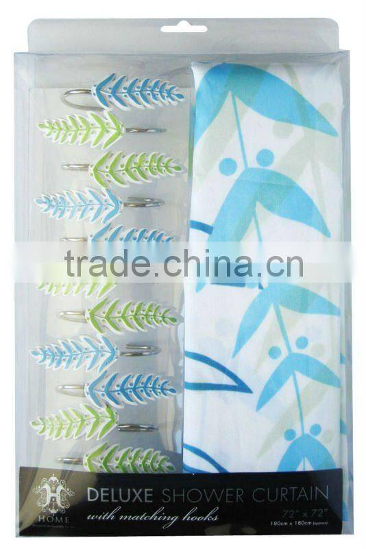 plant design shower curtain with12 pcs decorative resin hooks