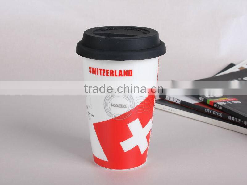 Flag ceramic coffee cup with food grade silicone lid high quality but low price wholesale