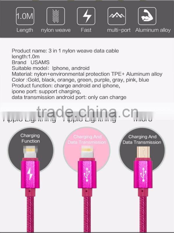 Highend 3 in 1 Mobile Phone cable 100cm micro usb Aluminum Alloy for Android& Iphone 5 cables Nylon Weave charging USB Line