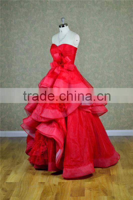 Western style strapless A-line ruched layered red wedding dresses with organza
