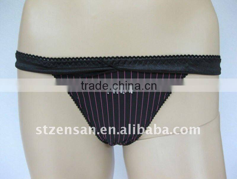 Stripe Print Thong with Lace Trim Underwear