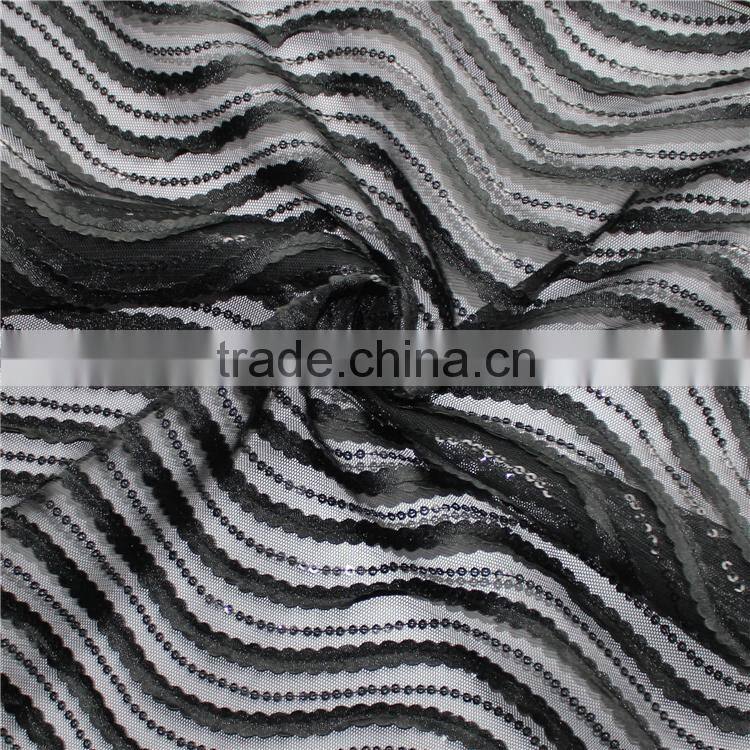 fashion 100% polyester african net black lace fabric/beaded sequins bridal lace for apparel