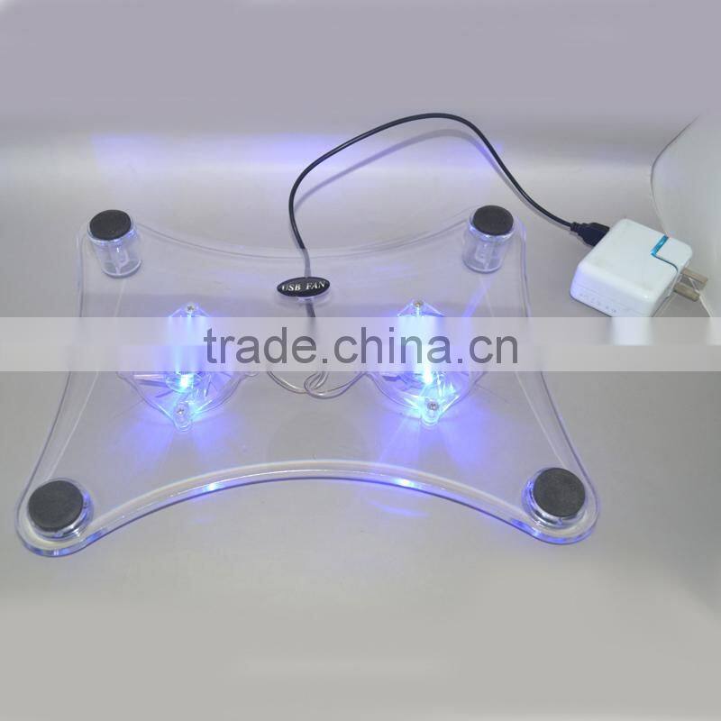 cheap stock selling 2.2mm transparent LAPTOP COOLER COOLING PAD 2 FAN with light FOR LAPTOP Notebook