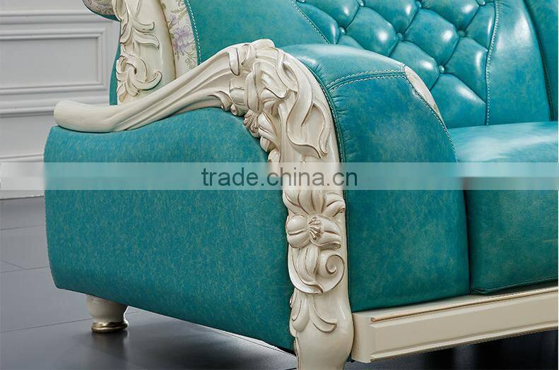Graceful European style living room furniture solid wood lily carving leather corner sofa set