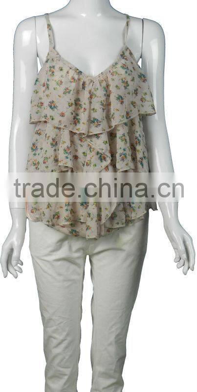 2013 pastoral style print pleated tank top